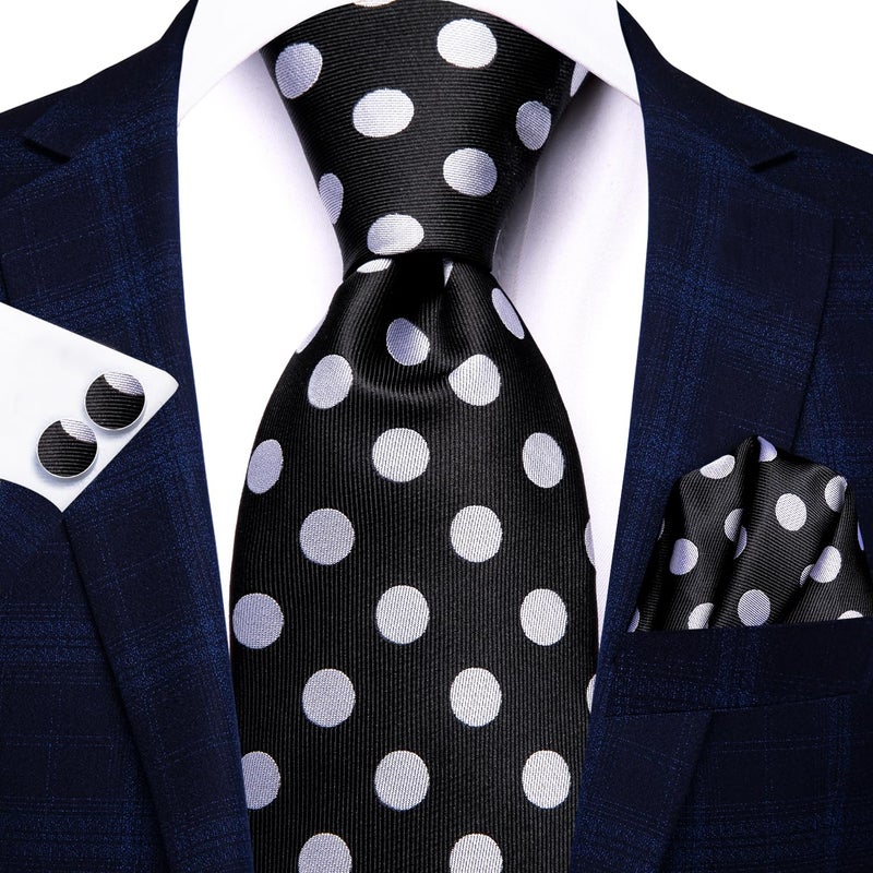 Hi-Tie Black White Dots Tie Sets for Men Silk Casual Formal Necktie With Pocket Square Cufflinks for Wedding Business - Image 3